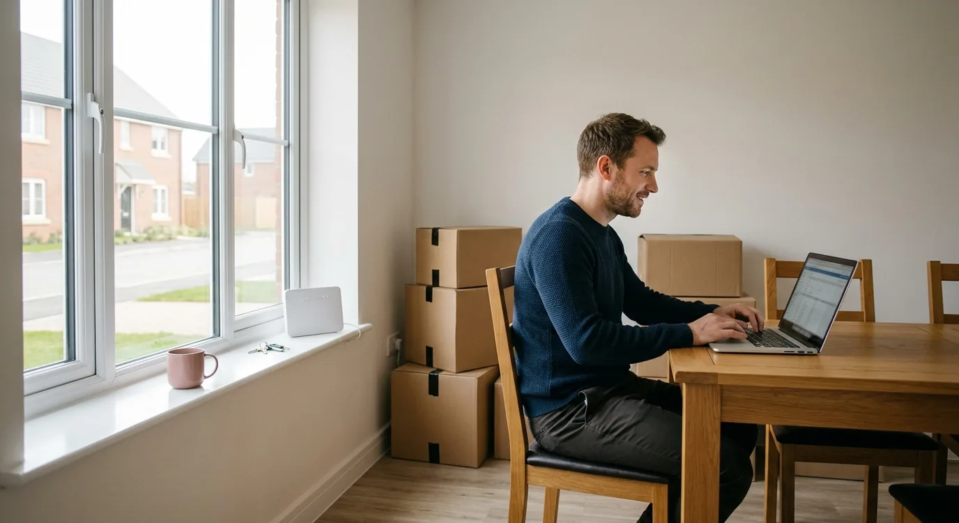 A man working at a laptop in a new-build living room with moving boxes still stacked behind him and a small 5G router on the windowsill.