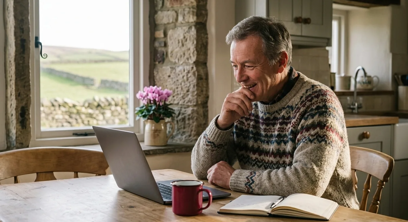 A man in his sixties at a farmhouse kitchen table with a laptop open in front of him, smiling at the screen, with open countryside through the window behind him.
