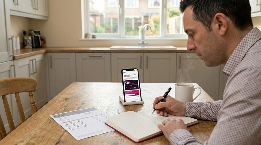 A man writing his speed test result in a notebook beside his bill, the result on his phone in a stand