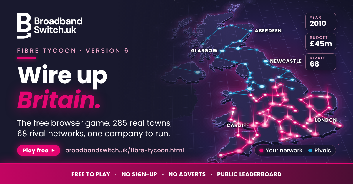 Fibre Tycoon game artwork showing a 3D map of Britain with a glowing pink full fibre network and the words Wire up Britain