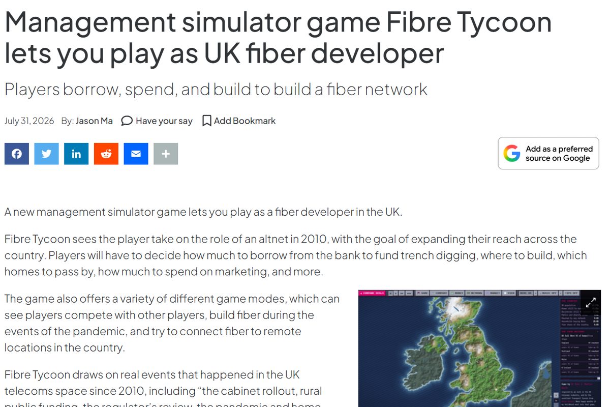 DataCenterDynamics article about the Fibre Tycoon management simulator game with a screenshot of the game map