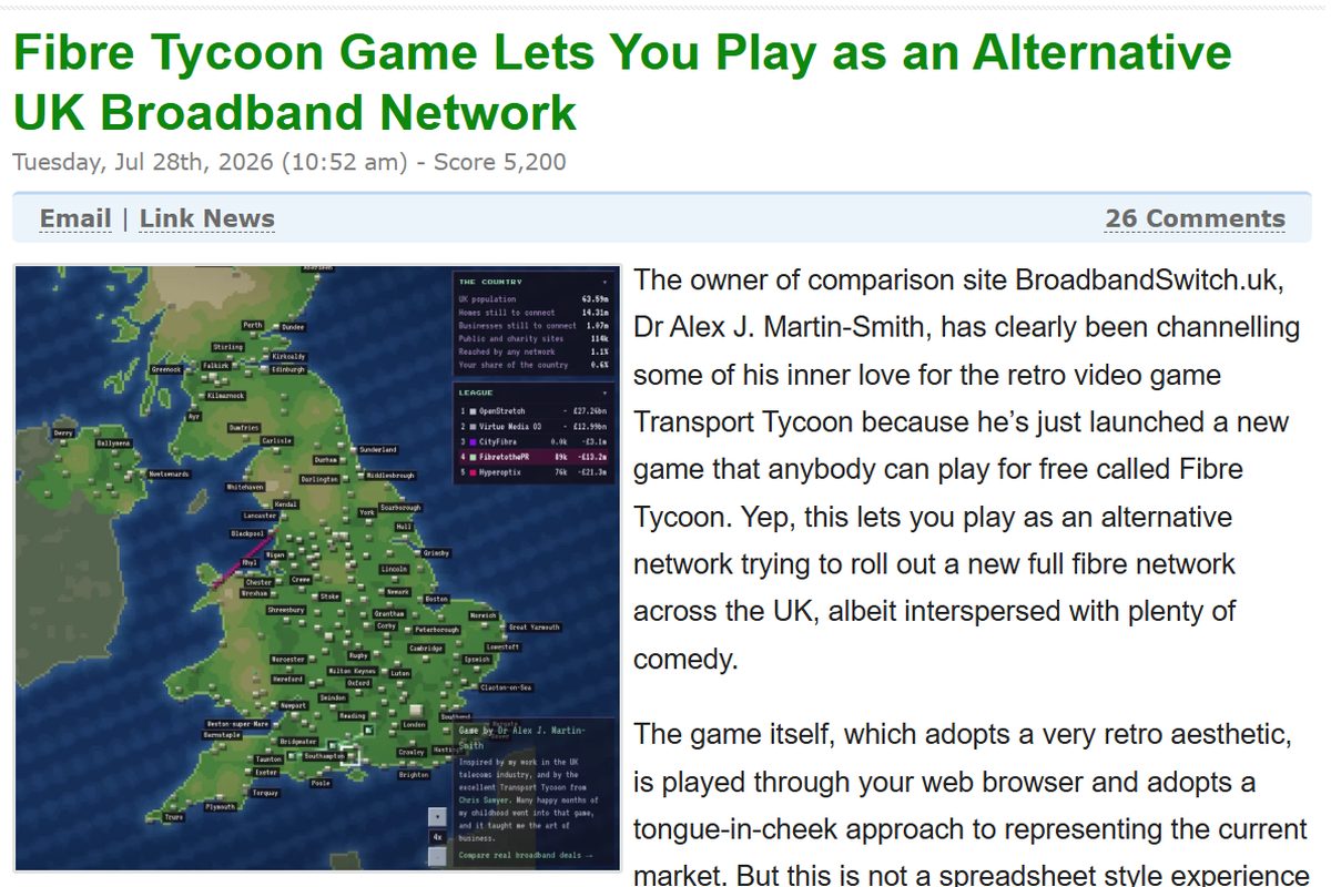 ISPreview.co.uk article headlined Fibre Tycoon Game Lets You Play as an Alternative UK Broadband Network