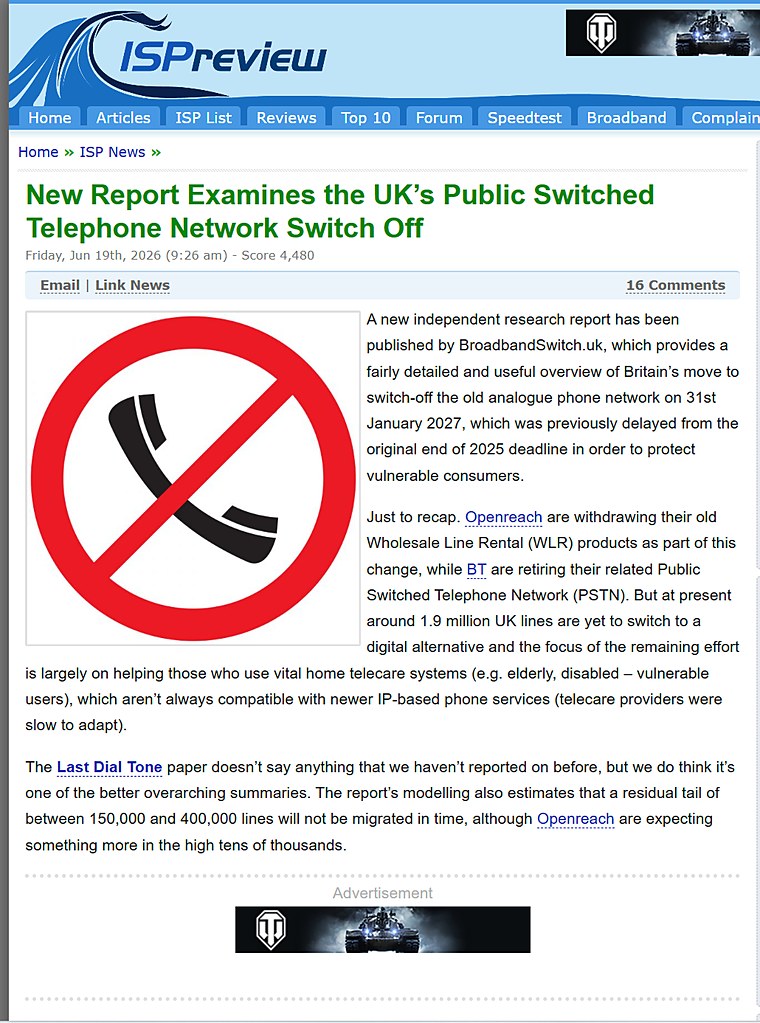 ISPreview.co.uk article headlined New report examines the UK's public switched telephone network switch off