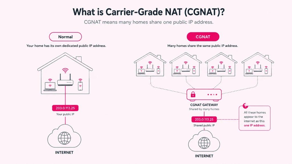 Diagram comparing a normal broadband connection, where one home has its own dedicated public IP address, with Carrier-Grade NAT (CGNAT), where several homes share a single public IP address through a shared CGNAT gateway before reaching the internet.