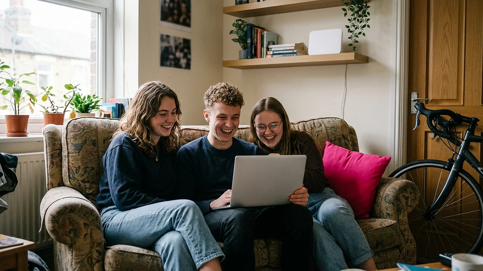 Three flatmates squeezed onto a sofa laughing at a laptop, with a pink cushion and a router on the shelf behind