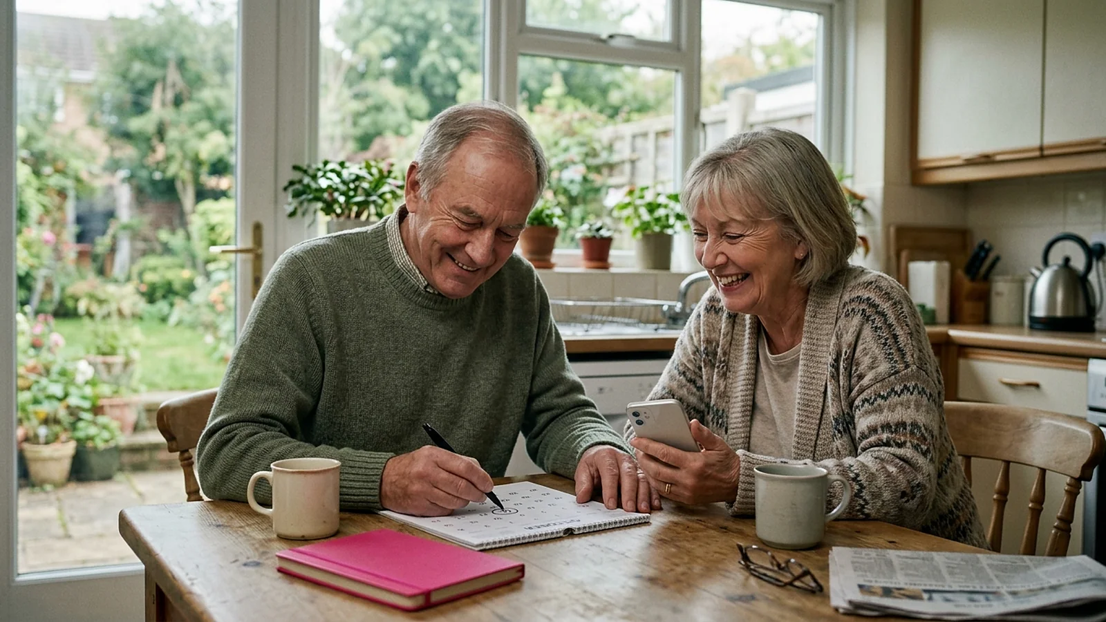 An older couple at a kitchen table circling a date on a wall calendar together, one holding a phone, with a pink notebook and two mugs on the table