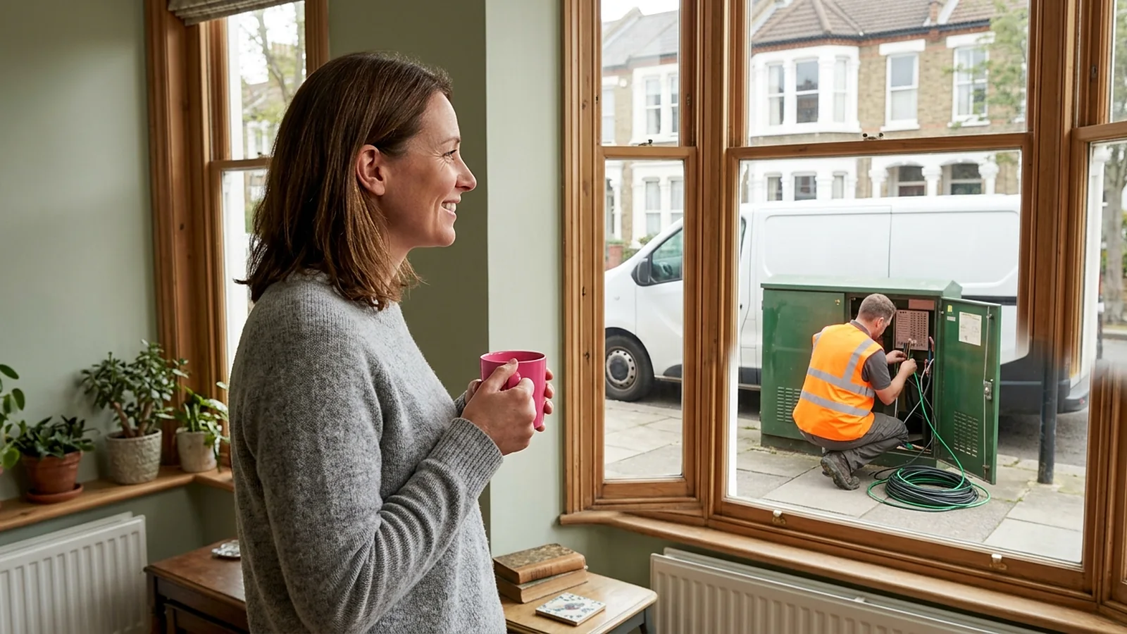 A woman holding a pink mug at a bay window, smiling as she watches an engineer in a plain hi-vis vest working at a green street cabinet on the pavement outside