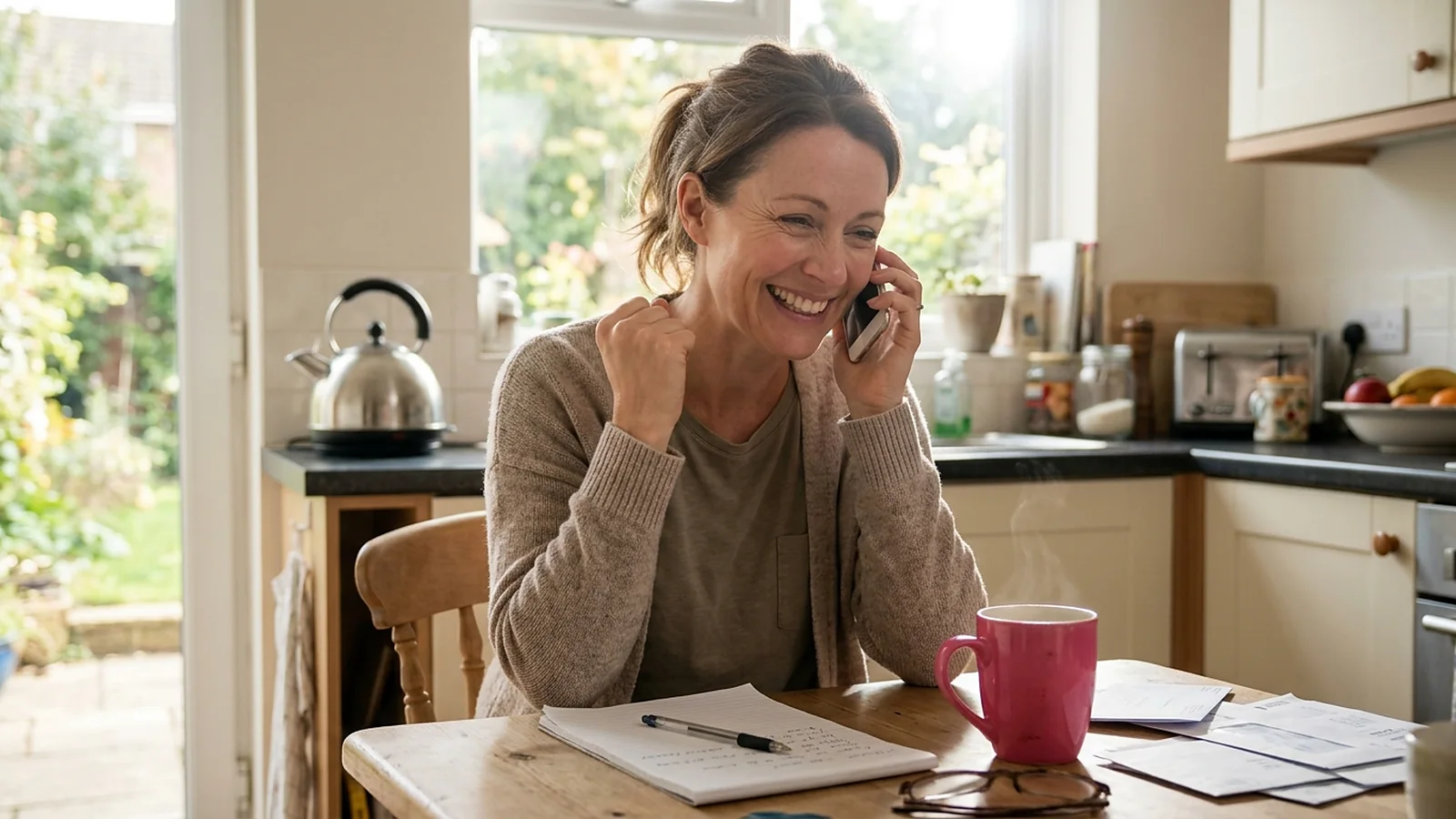 A woman at a kitchen table on the phone to her broadband provider, smiling with relief and making a small fist pump, with a notepad, a pen and a pink mug of tea beside her