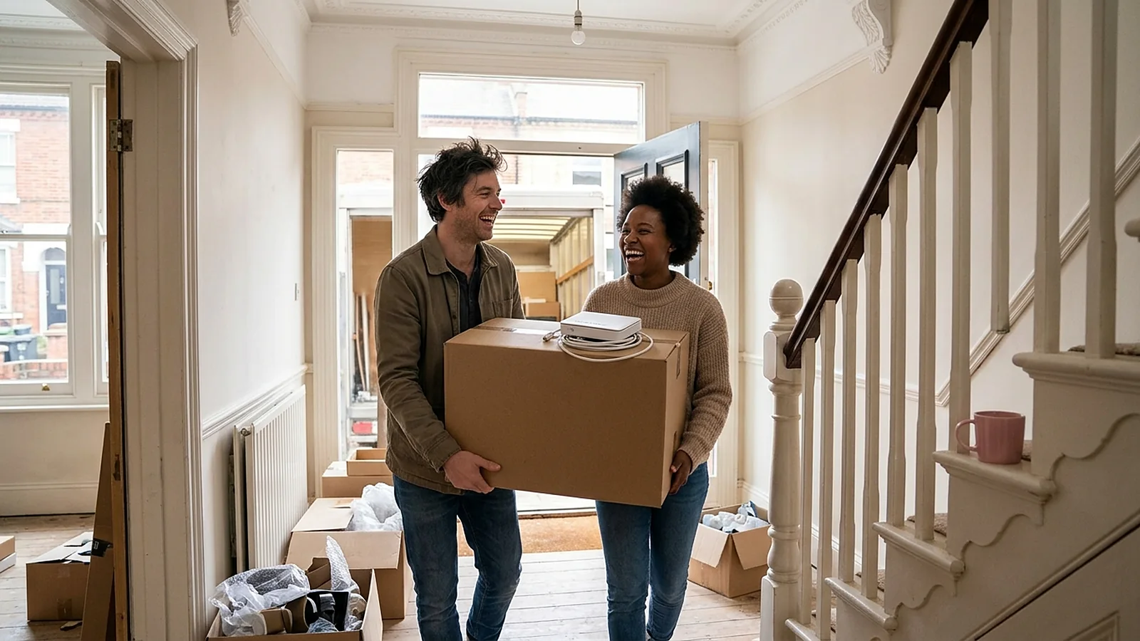 A smiling couple carrying a moving box through the hallway of a terraced house, with a white broadband router and cable on top of the box and a removals van outside the open front door