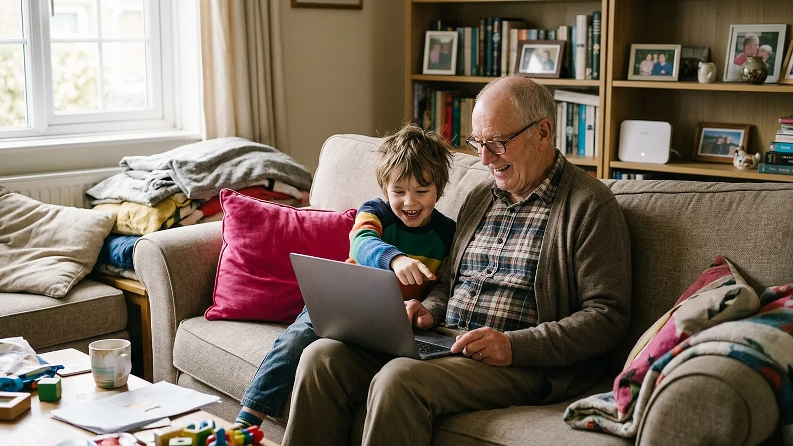 A grandfather and grandchild on a sofa smiling at a laptop together, the child pointing at the screen, with a pink cushion beside them and a white router on the bookshelf behind