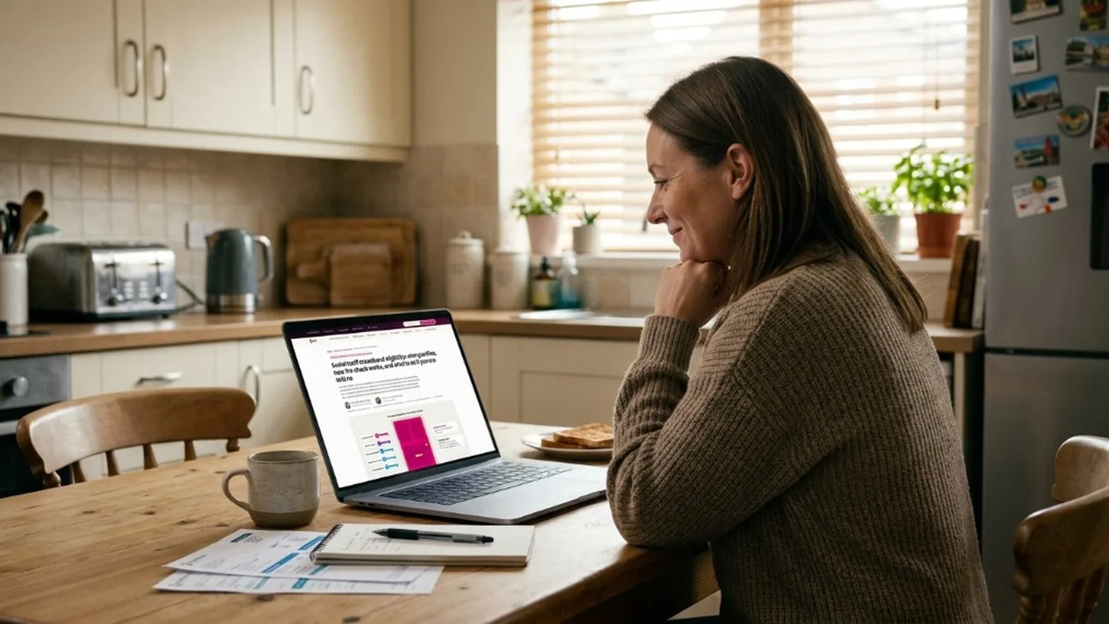 A woman at a kitchen table checking social tariff broadband eligibility on a laptop, with a mug of tea, toast, a notebook and letters beside her