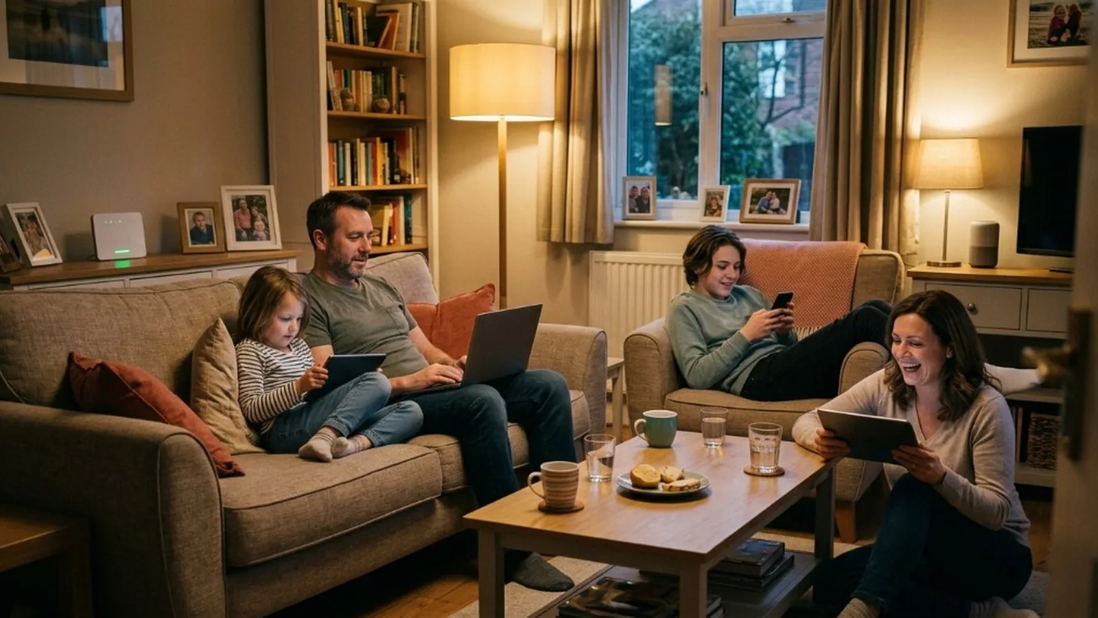 A family at home in the evening using a laptop, tablets and a phone, with a broadband router on the shelf behind the sofa