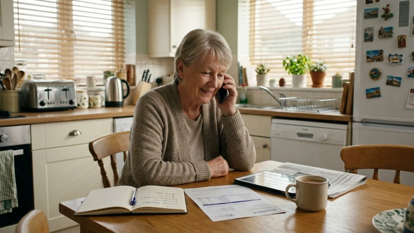 An older woman at a kitchen table speaking to her broadband provider on a mobile phone, with a notebook, a bill and a mug of tea in front of her