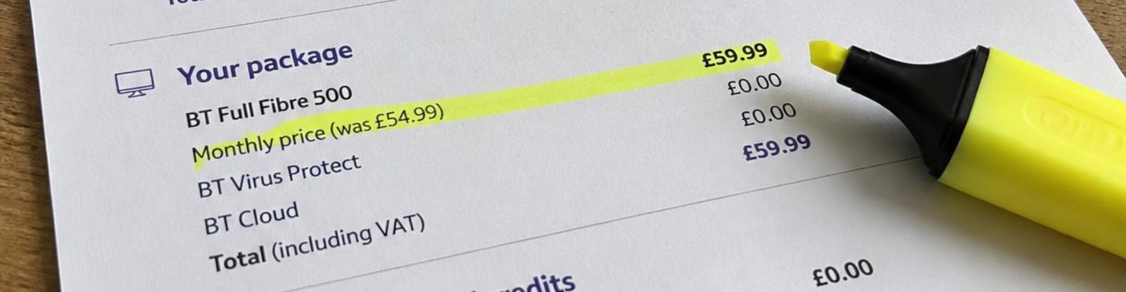 Close-up of a broadband bill with a yellow highlighter marking a monthly price that has increased.
