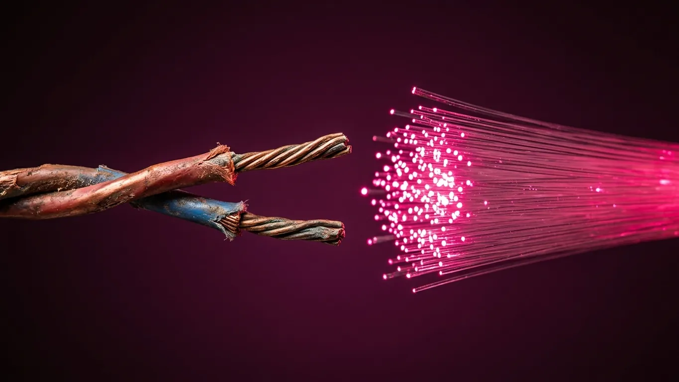 An old twisted copper telephone wire on the left facing a bundle of fibre optic strands glowing bright pink on the right, against a dark plum background