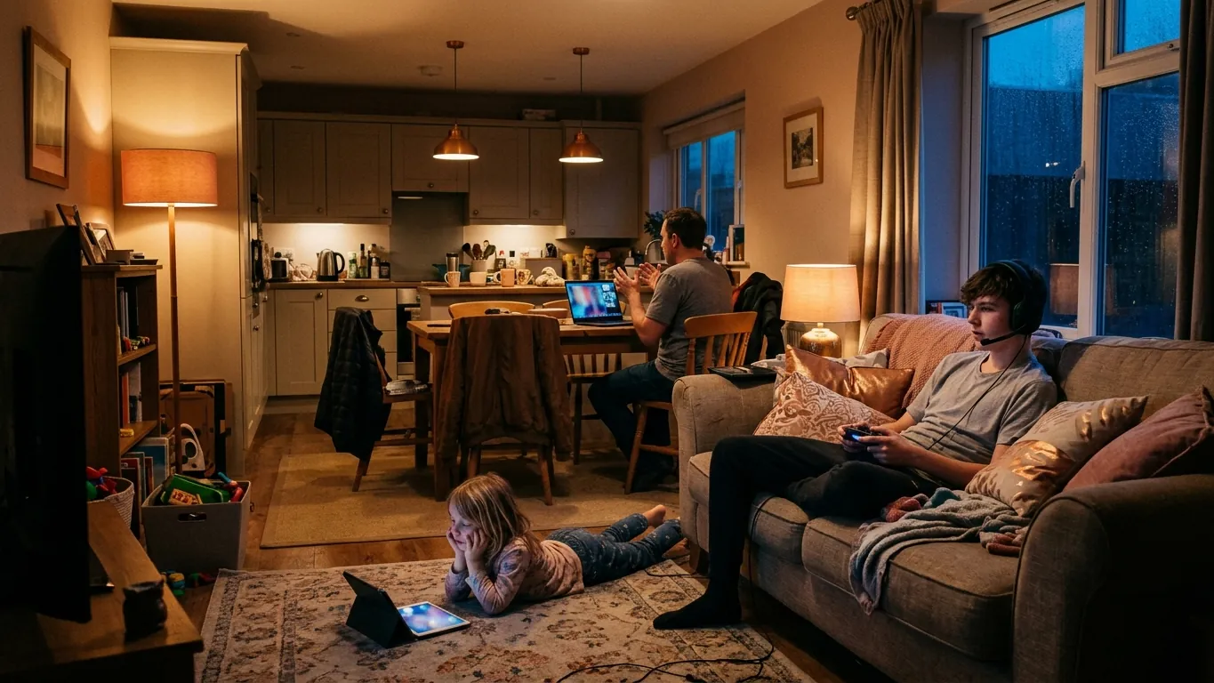 A UK family at home in the evening with a teenager gaming on the sofa, a parent on a laptop video call at the kitchen table and a child watching a tablet on the rug