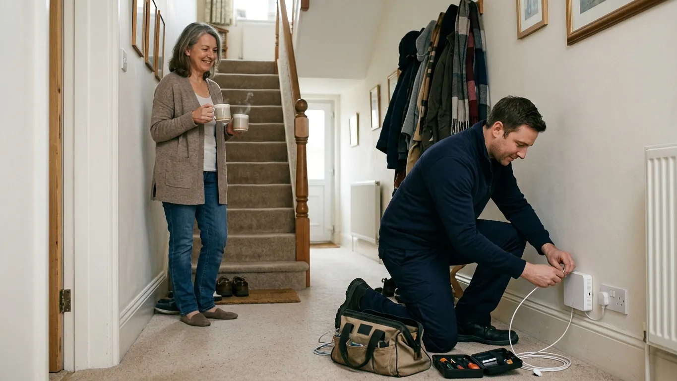 A broadband engineer kneeling in a UK hallway to fit a small white full fibre box near a plug socket while the smiling homeowner holds two mugs of tea