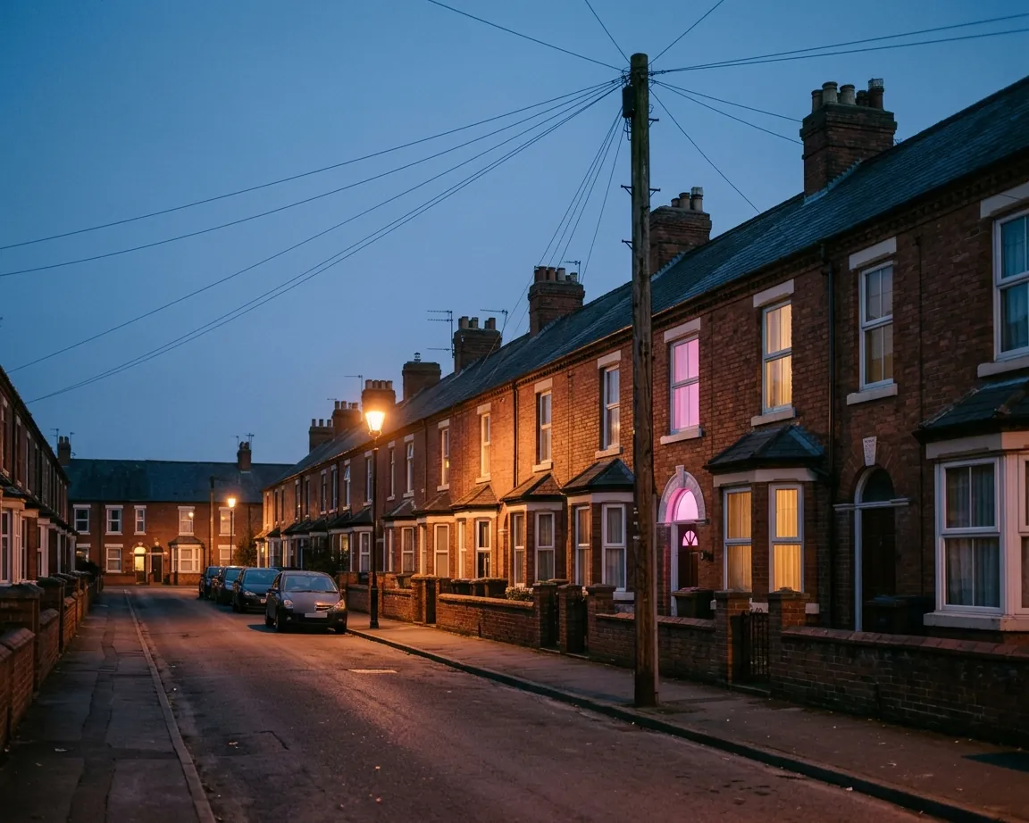 An evening street of red-brick terraced houses in the UK with overhead telephone cables, where one house glows pink to show it has switched to full fibre
