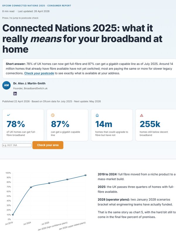 Cover of Connected Nations 2025 (Consumer report · April 2026), BroadbandSwitch.uk report