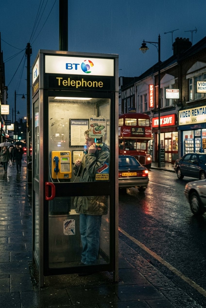 AI generated illustration of a 1990s BT KX phone box in use at dusk on a rainy British high street with a Routemaster bus and video rental shop behind