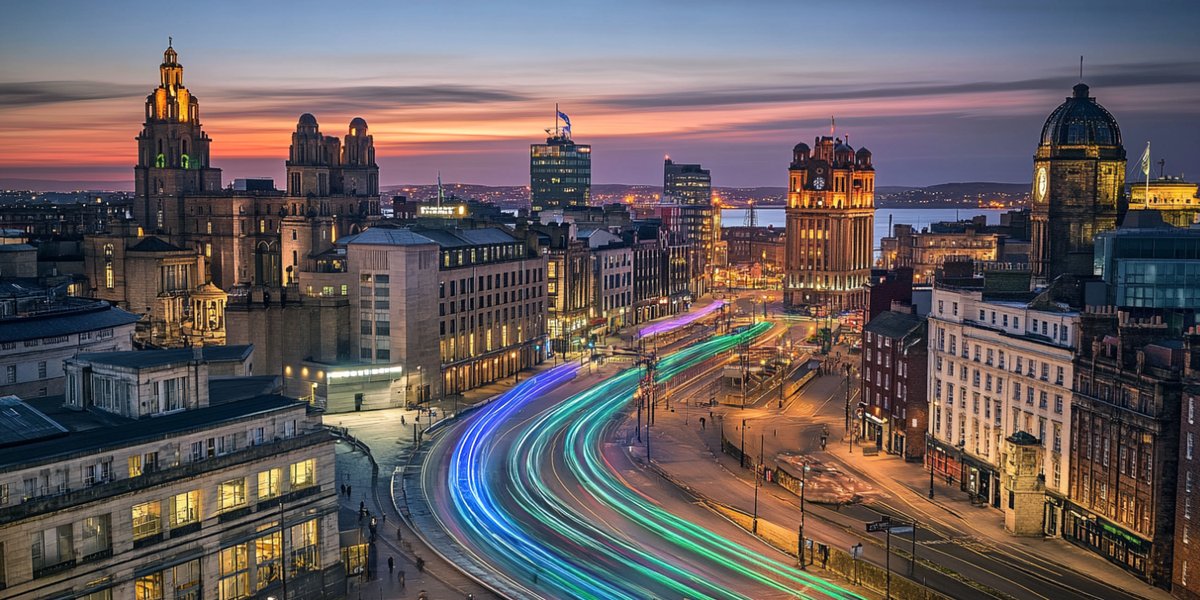 Light trails curving through a historic UK street at night