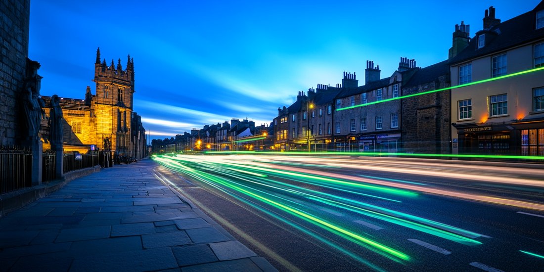 Light trails along a stone built UK high street at dusk