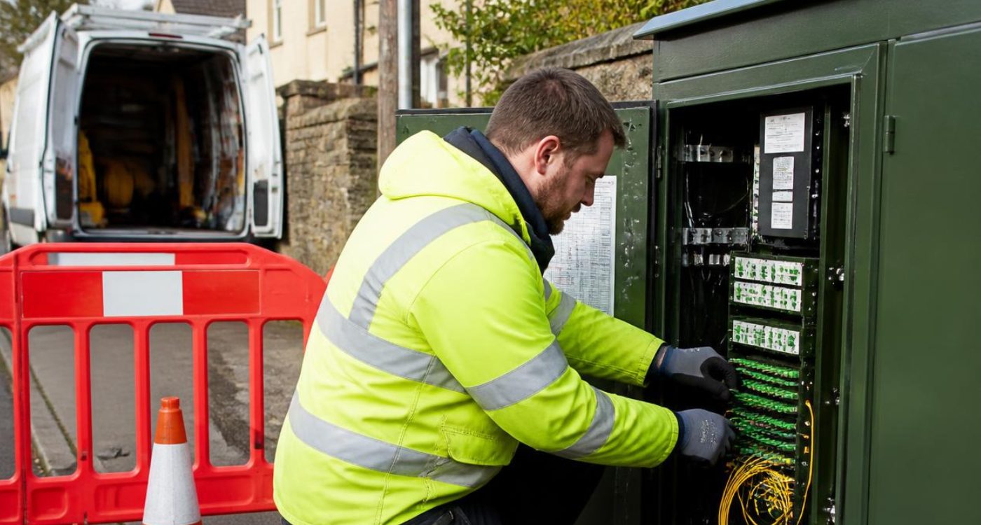 Broadband engineer working on fibre connections in a green street cabinet