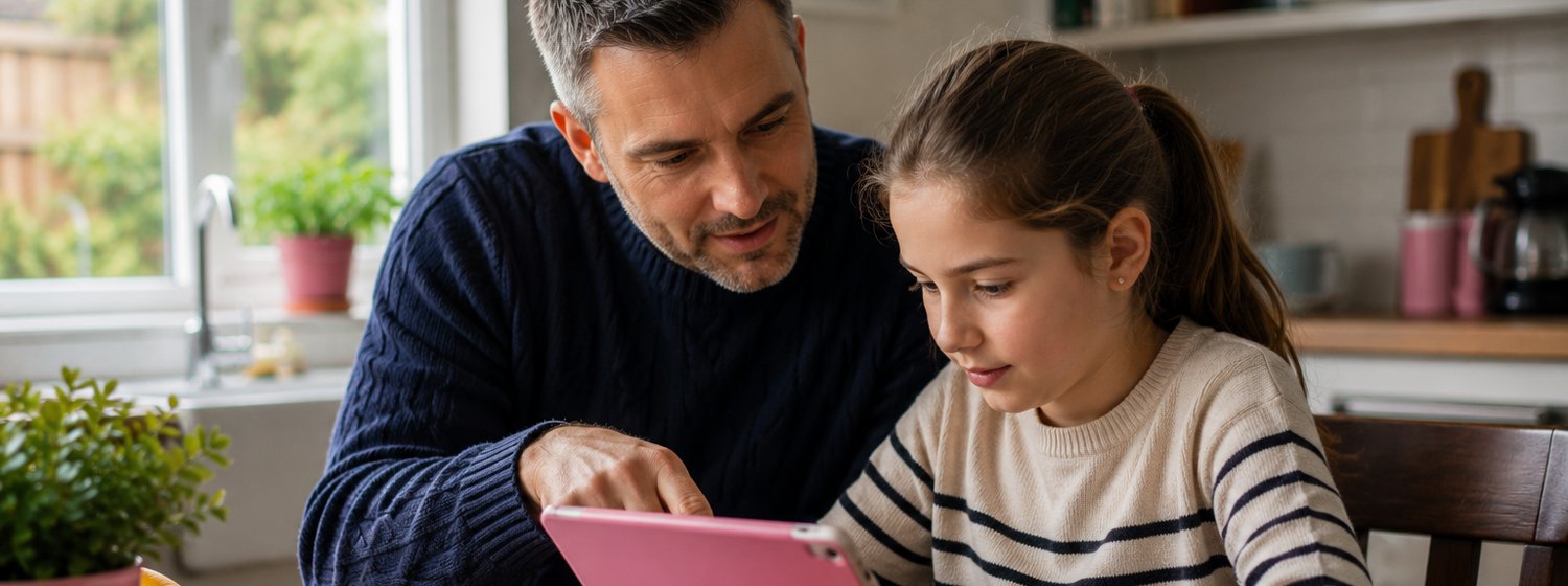 Father and daughter checking broadband options on a tablet at home