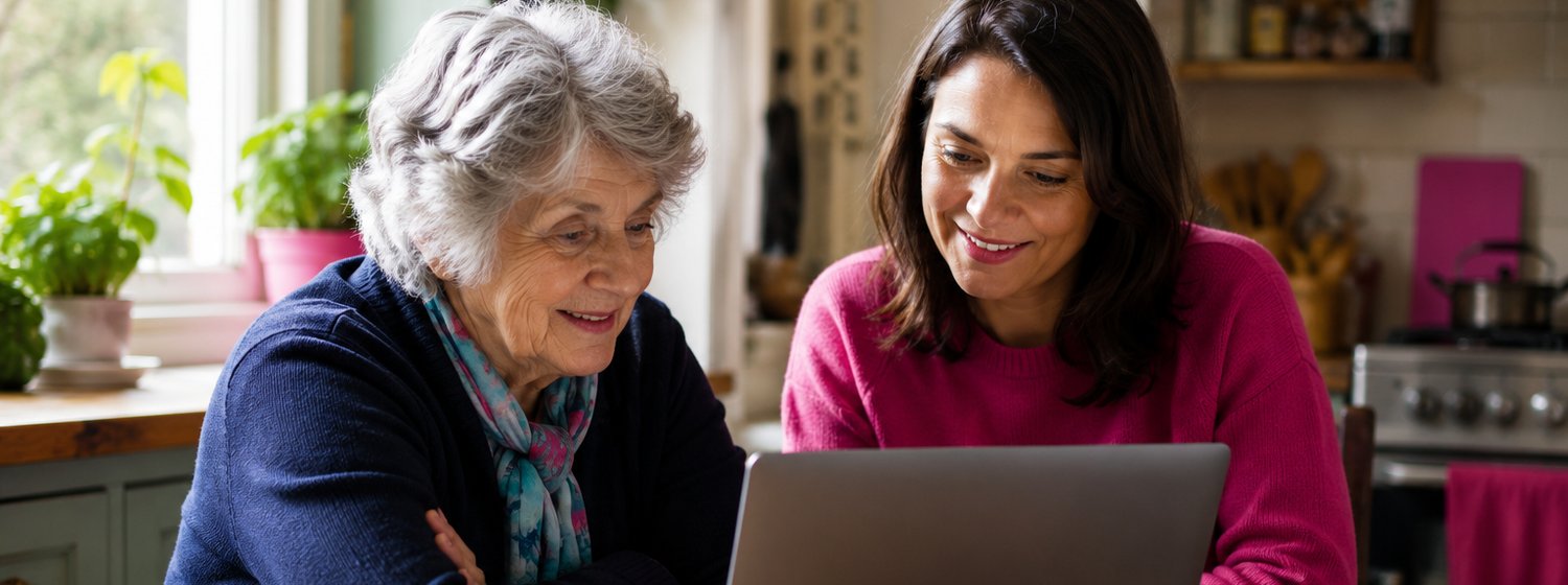 Two women comparing broadband deals on a laptop in a kitchen