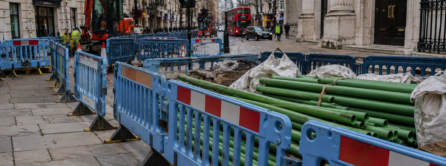 Fibre ducting laid through a London street behind blue barriers